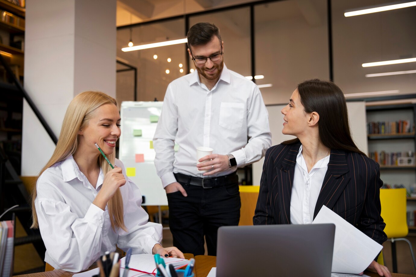 Colleagues discussing business development